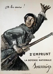 Första världskriget (1914-1918): affisch av Abel Faivre (1867-1945) för det nationella lånet. En soldat uppmanar allmänheten att prenumerera på det "Vi ska få dem!" - 2:a Loan de la Defense Nationale - Prenumerera"