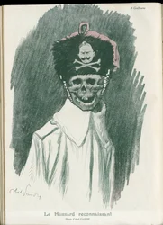 Illustration av Abel Faivre (1867-1945) i "" Fantasio"", 01/05/15 - Den tacksamma Hussard - War of 14 -18, Tyskland Preussian - William II, Reaper/Comrade - Death, FacesRiantes