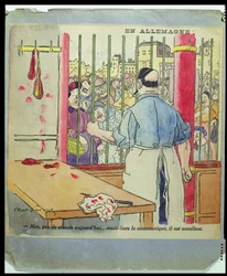 "Nej, det finns inget kött idag...men läs kommunikén, den är utmärkt", karikatyr av svälten i Tyskland, ca 1917