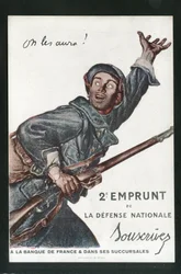 Vykort, Satirical in Colors: War of 14 -18, Borrowing, Patriotic Jornees - Soldiers Illustration av Abel Faivre (1867-1945)