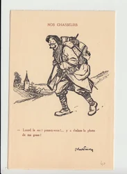 Vykort, satirisk i N & B, ca. 1915: Our Hunters - War of 14 -18, Fotografi, Faderskap, Jam of skull - Soldiers, Alpine Hunters Illustration av Abel Faivre (1867-1945)