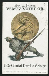 Vykort, Satirique en Colours, cirka 1915: För Frankrike, häll ditt guld - War of 14 -18, Tyskland Preussen, Silver, Beligerants and symbols, Victory, Borrowing, Travel patriotic - Rooster - Illustration by Abel Faivre (1867-1945)