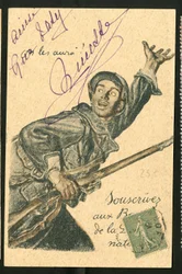 Vykort: Teckna nationella försvarsobligationer - Kriget 14 -18, krigförande parter och symboler, lån, patriotiska dagar - Illustration av Abel Faivre (1867-1945)