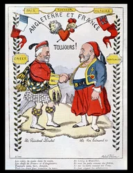 Entente cordiale mellan Frankrike och Storbritannien: karikatyrer av president Loubet (1838-1929) och kung Edvard VII (1841-1910), illustration ur ”Le Rire”, 1903