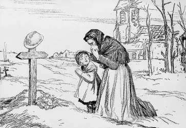 Änkan och hennes lilla dotter gråter över sin fars och mans grav under första världskriget, 1 november