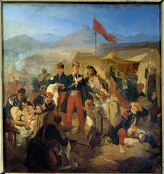 Krimkriget: Militärkirurgen Scrive behandlar de sårade efter slaget vid Inkerman den 5/11/1854. Målning av Jules Rigo (1810-1892), 1854, Musée du Val-de-Grâce, Paris