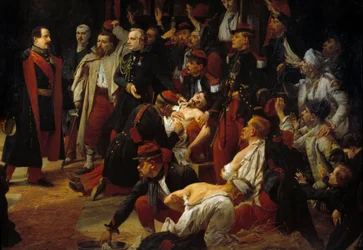 Kejsar Napoleon III besöker de franska, piemontesiska och österrikiska såren från slaget vid Montebello till Vogheres ambulanser i maj 1859. Detail. Målning av Jules Rigo (1810-1892) 1859 Paris, Museum of the Val de Grace