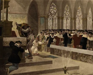 En Cordelier, som försöker ta av sig sin gryning, visar sin rygg vid en mässa för hovet inför Panurges ögon. Pantagruel. Illustration av Jules Garnier. I "Rabelais och Jules Garniers verk"