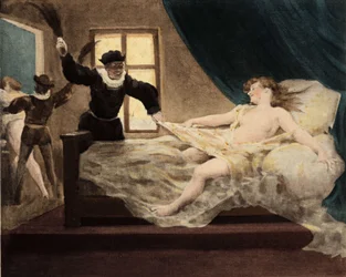 En man som piskar en ung flicka som ertappats i sängen på oskuldsdagen. Pantagruel. Illustrerad av Jules Garnier. I "Rabelais och Jules Oeuvre"