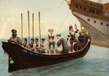 Båt i hamnen på ön Papimania. Från höger till vänster: en munk, en falkonerare, en advokat, en vinmakare från Orleans. Pantagruel. illustration av Jules Garnier. I "Rabelais och Jules Garniers verk"