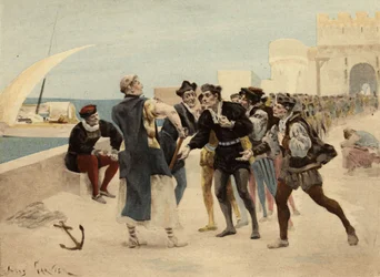 Broder Jean, munk i klostret i Seuille, erbjuder tjugo ecus guld till chiquanous för den som accepterar att bli slagen. Pantagruel. illustration av Jules Garnier. I "Rabelais et l
