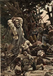 Broder Jean, munk i klostret Seuille, slår soldaterna i Picrocholes, kung av Lerne, armé med en käpp. Gargantua. llustration av Jules Garnier. I "Rabelais et l