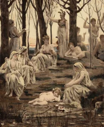 Cupido (Amor) sover bland muserna. Hans båge och pilar har hans fötter. Venus (Afrodite), hans mor, på övervåningen i mitten. Pantagruel. llustration av Jules Garnier. I "Rabelais och Jules Garniers verk"