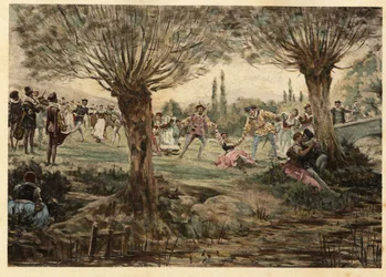 Dansare och musiker under Mardi Gras-festen. Gargantua. illustration av Jules Garnier. I "Rabelais et l