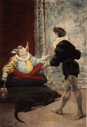 Diskussion mellan Triboulet och Panurge. Pantagruel. Illustration av Jules Garnier. I "Rabelais och Jules Garniers verk".