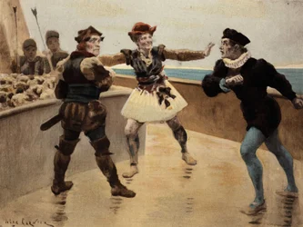 Tvist mellan Panurge (t.h.) och Dindenaut (Dindenault), en köpman från Taillbourg, som förnekar sitt svärd. Pantagruel. illustration av Jules Garnier. I "Rabelais och Jules Garniers verk"