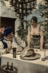 Gargantua äter, en kvinna serverar honom mat. Gargantua. Illustration av Jules Garnier. I "Rabelais et l