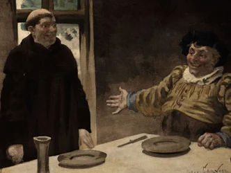 Gargantua bjuder in Frere Jean, munk i klostret Seuille, att dela hans måltid. Gargantua. illustration av Jules Garnier. I "Rabelais och Jules Garniers verk"