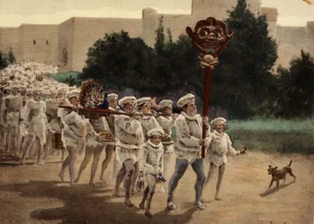 Gastrolater avancerar mot sin gud, Gaster, med massor av offergåvor. I spetsen för kortegen går en man som bär en trästaty med namnet Manduce på toppen av en käpp. Pantagruel. illustration av Jules Garnier. I "Rabelais et l