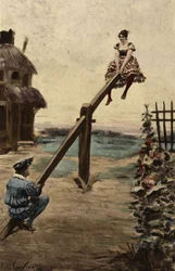 Man och kvinna spelar bacule (toggle). Gargantua. Illustration av Jules Garnier. I "Rabelais och Jules Garniers verk"