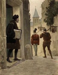 Mästaren Janotus (Ianotus) från Bragmardo lämnar Gargantuas hem i Paris och tar med sig de gåvor som Gargantua erbjuder. Gargantua. illustration av Jules Garnier. I "Rabelais et l