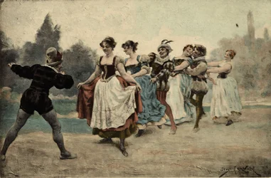 Män och kvinnor leker svans vid kubben (vargens svans). Gargantua. Illustration av Jules Garnier. I 
