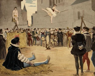 Musikanter och funambler uppträder på gatan under Gargantuas (sittande, vänster) blick. Gargantua. illustration av Jules Garnier. I "Rabelais och Jules Garniers verk"