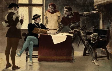 Gamle Echephron (2:a till höger) ger råd till Picrochole, kung av Lerne (till höger). Gargantua. illustration av Jules Garnier. I "Rabelais och Jules Garniers verk"