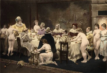 Pantagruel, Panurge, Frere Jean och Epistmon under middagen som anordnades av Homenas, eveque av Papimanes, invånare på ön Papimania. Pantagruel. llustration av Jules Garnier. I "Rabelais et l