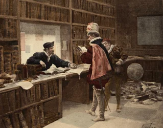 Pantagruel i bokhandeln Saint Victor i Paris. Pantagruel. Illustration av Jules Garnier. I "Rabelais et l