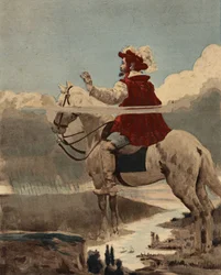 Pantagruel på sin häst ser på sin armé i regnet. Dipsodernas land. Pantagruel. llustration av Jules Garnier. I "Rabelais et l