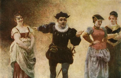 Panurge begär att kvinnor inte längre ska bära halsskydd. Pantagruel. Illustration av Jules Garnier i "Rabelais et l