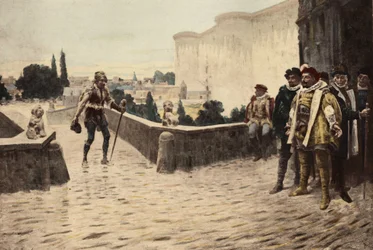 Panurge går över Charantonbron i Paris och möter Pantagruel. Pantagrue l. Illustration av Jules Garnier. I "Rabelais och Jules Garniers verk"