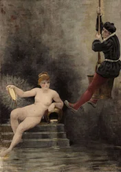 Panurge som stiger ned i brunnen eller, enligt Herakleitos (Herakleitos), är sanningen symboliserad av en kvinna. Pantagruel. illustration av Jules Garnier. I "Rabelais och Jules Garniers verk"