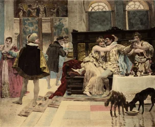 Panurge, gjord av Chatelain från Salmingondin (Salmigondis) i Dipsody av Pantagruel, anordnar en fest. Pantagruel. llustration av Jules Garnier. I "Rabelais och Jules Garniers verk"