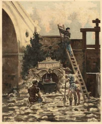 Bonden Jean Audeau upptäcker en broschyr som berättar historien om Gargantua. Gargantua. Illustration av Jules Garnier. I "Rabelais och Jules Garniers verk"