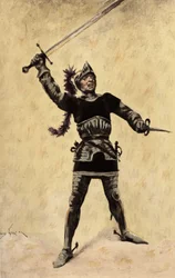Picrochole, kung av Lerne, iförd rustning och viftande med sitt svärd. Gargantua. illustration av Jules Garnier. I "Rabelais och Jules Garniers verk"