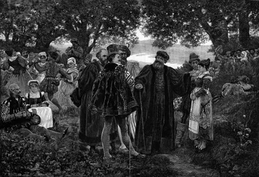 Rabelais, Meudons botemedel. Författaren Francois Rabelais (1483-1553) herre över en fest i skogen i Meudon. Han var församling i Meudon från 1551 till 1553. Gravyr efter målningen av Jules Garnier (1800-talet) i "" The Illustrous World"" nr 1210 den 5 jun