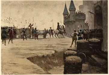 Ulrich Gallets armé, utsänd av Grandgousier, Gargantuas far, inför Picrocholes, kung av Lerne, slott med käppar och vass som tecken på fred. Gargantua. Illustration av Jules Garnier. I "Rabelais och Jules Garniers verk"