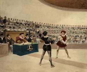 Duellen mellan Panurge (baksidan) och engelska Thaumaste. Pantagruel. Illustration av Jules Garnier. I "Rabelais och Jules Garniers verk"