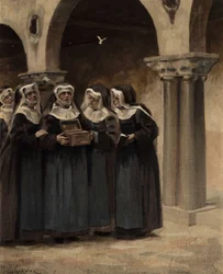 Nunnorna i klostret Coingnaufond öppnar skrinet som donerats av påven Ian (John) XXII. Pantagruel. llustration av Jules Garnier. I "Rabelais och Jules Garniers verk"