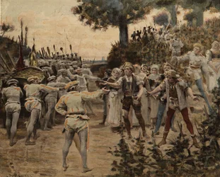Herdarna erbjuder Fouaciers i Lerne att byta druvor mot fouace. Gargantua. Illustration av Jules Garnier. I "Rabelais och Jules Garniers verk"