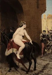 Hustrun till kejsaren av Milano, Federic (Frederic) Barberossa, jagas ut ur staden av Milanos invånare. Hon rider på mulan Thacor. Pantagruel. illustration av Jules Garnier. I "Rabelais et l