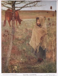 Frankrike, liten; flicka; Fauvette; ko; lantlig; fattig; kläder