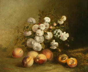 Blommor och aprikoser (olja på duk)