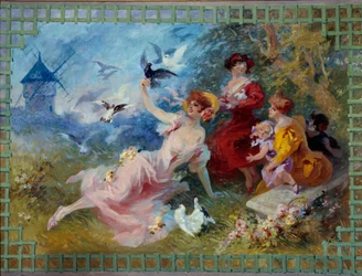 Allegorie luft som representerar unga kvinnor och fåglar. Kartong för gobeläng av Jules Cheret (1836-1932) 1900-talets Nice, Musee Cheret