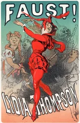Konst. Underhållning. Dansaren Lydia Thompson som Mephisto. Affisch av Jules Cheret för pjäsen "Faust", England, ca 1860-70 (affisch)