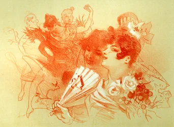 På balen - teckning (sanguine) av Jules Cheret (1836 - 1932) - unga kvinnor och dansare - dans - privat samling -