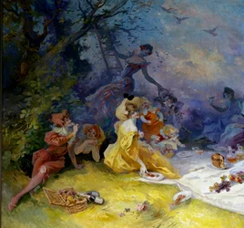 Frukost på gräset Scen för en picknick på landet. Detalj. Målning av Jules Cheret (1836-1932) Nice från 1900-talet, Musee Cheret