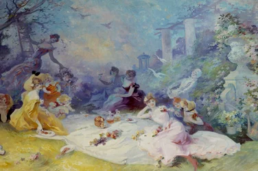 Frukost på gräset Scen för en picknick på landet. Målning av Jules Cheret (1836-1932) Nice från 1900-talet, Musee Cheret